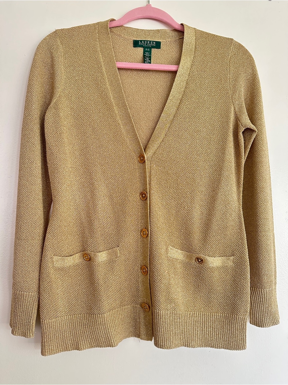 Ralph Lauren Metallic Gold V-Neck Button Cardigan